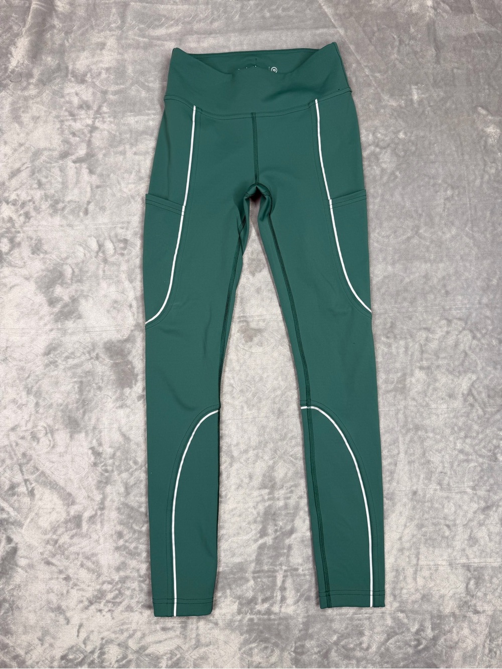 Outdoor Voices Deep Teal Green High-Rise Leggings with White Piping and pockets